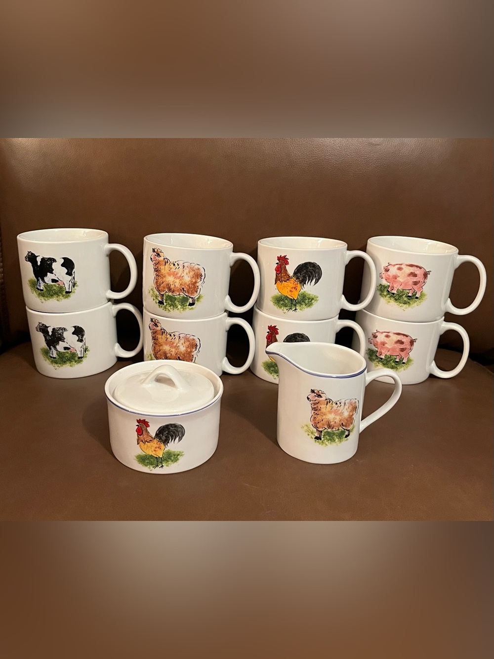 Table Top Unlimited Country Barn Ceramic Coffee Cups (8), Creamer, Sugar Bowl